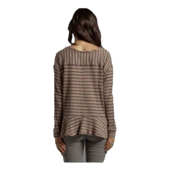Free People Auntie Em Peplum Thermal Top Tan Brown Blue Striped Knit M - Picture 4 of 8
